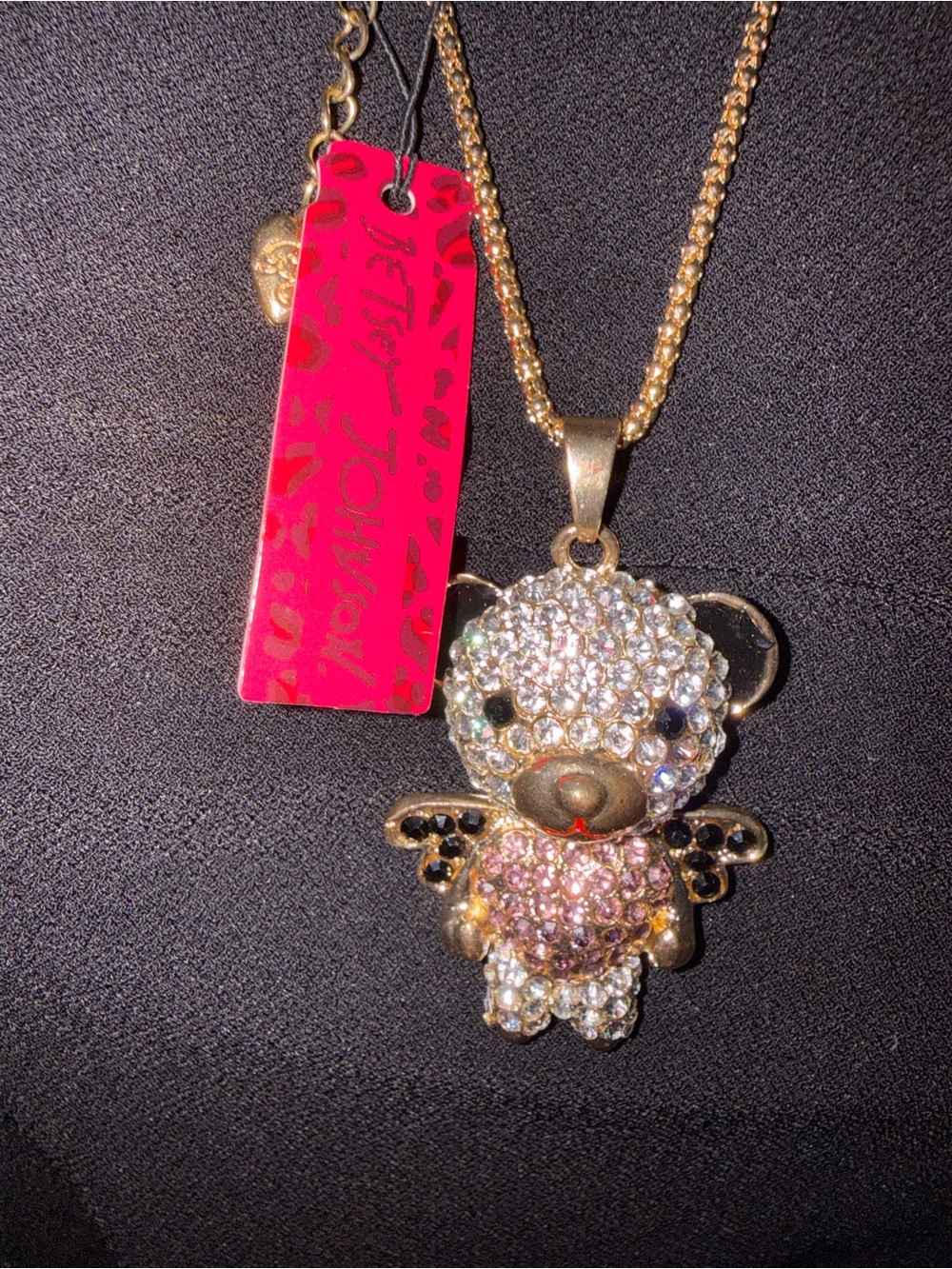 NWT Betsey Johnson Angel Teddy Bear Movable Rhinestone Statement Necklace